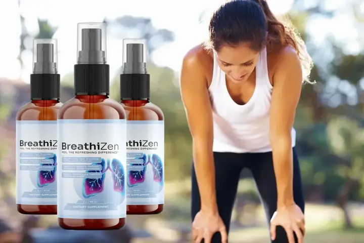 Woman catching her breath outdoors beside BreathiZen spray bottles